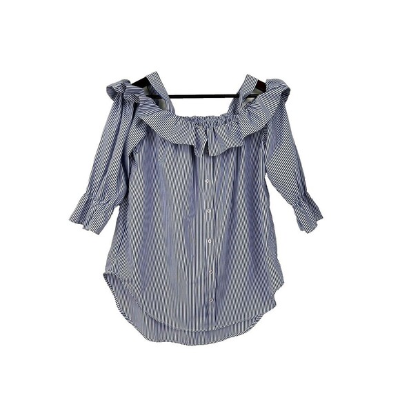 Janet Chung Womens Size L  Blouse Blue White Striped Off Shoulder Ruffle Top H2 - Picture 3 of 12